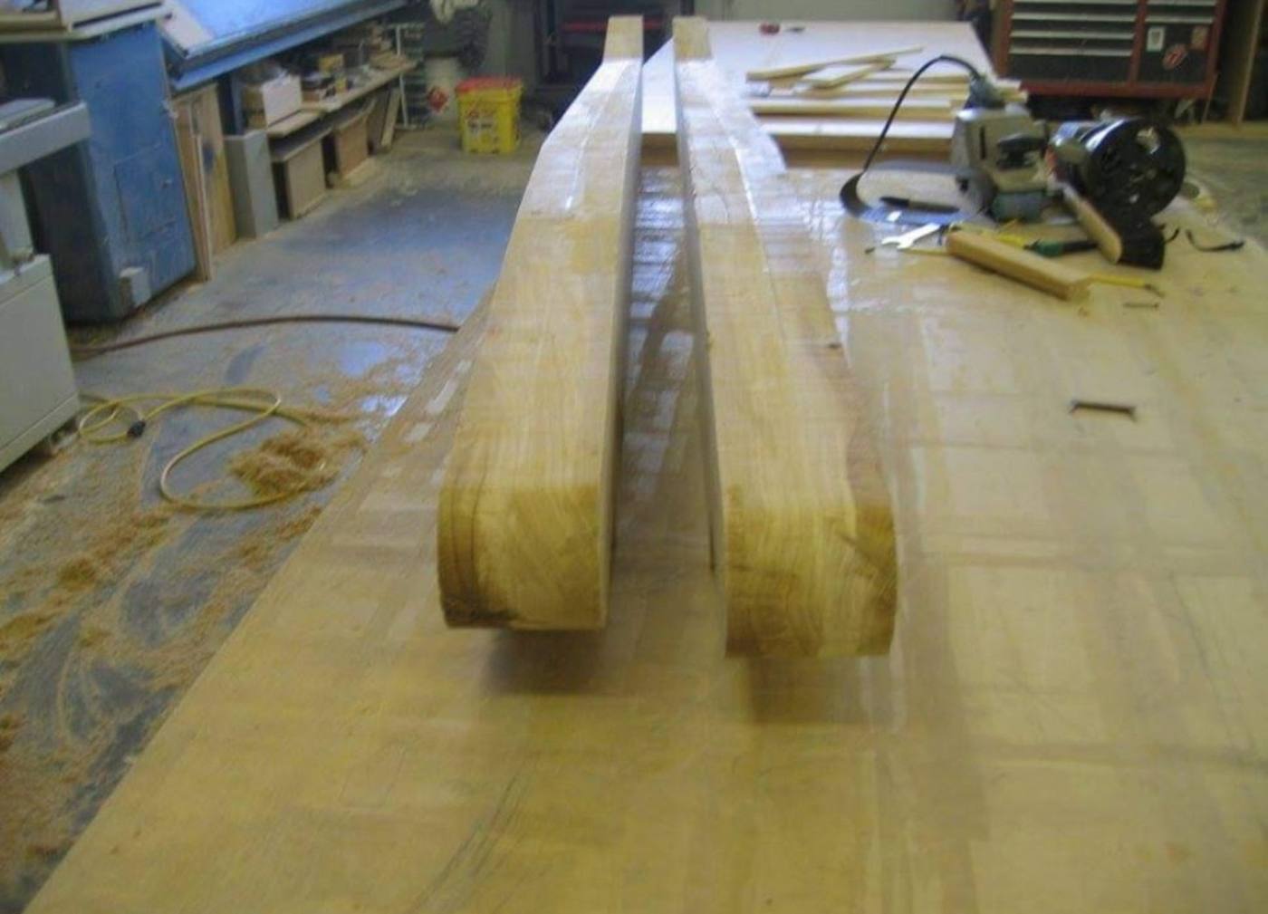 Napoleon Cannon Cradle: Shaped wooden components on the bench